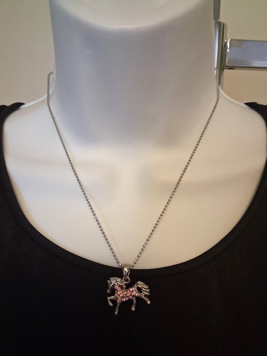 Vintage Jewelry - Vintage Artistic Horse Pendant Pink Austrian Crystal Silver-Plated Necklace